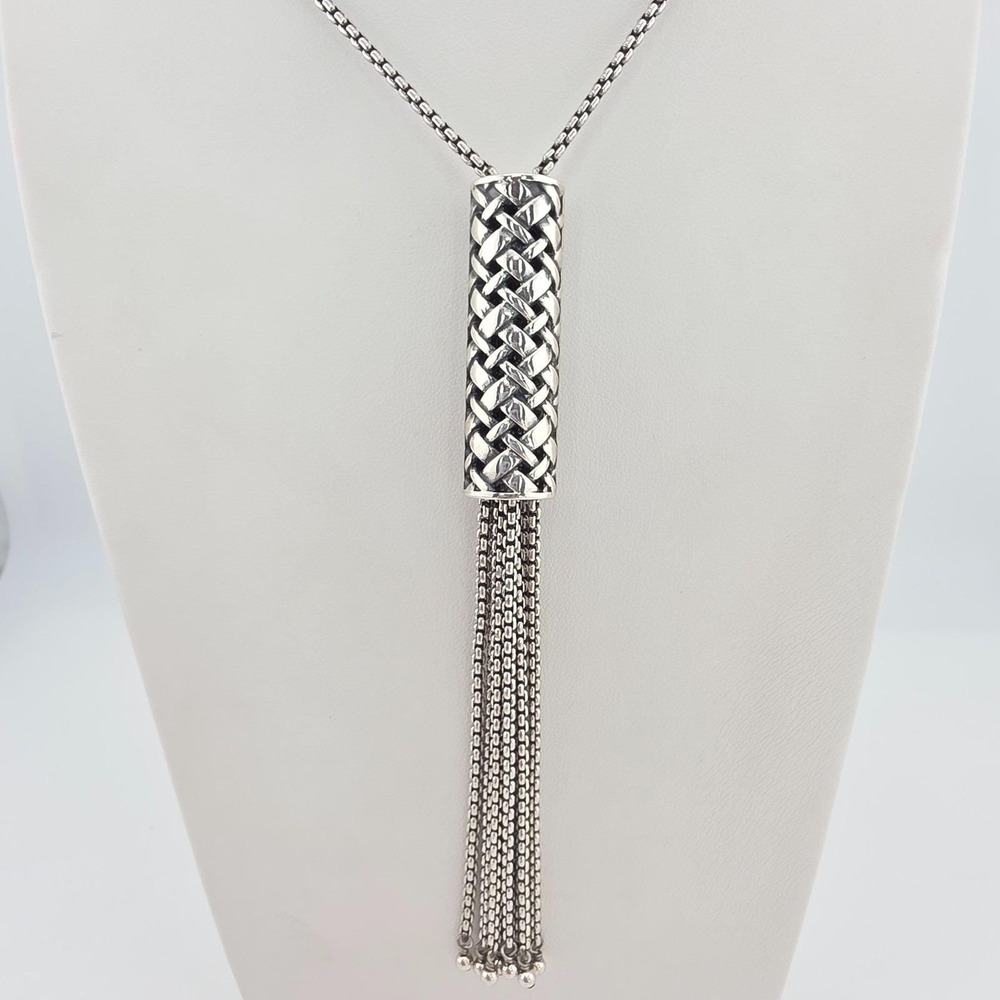 BRIGHTON 'Cafe Vendome' Tassel Necklace Basketweave Barrel Silver Plate Long 38"